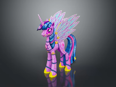 Colorful Mythical Unicorn Toy With Detailed Wings Vibrant Mane And Yellow Hooves 3d model