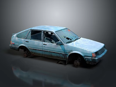 Worn Blue Old Car Featuring Peeling Paint Damaged Wheels And Dented Body 3d model