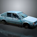 Worn Blue Old Car Featuring Peeling Paint Damaged Wheels And Dented Body
