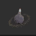 Rocket Standing on Rocky Planet with Orbiting Debris Ring in Space