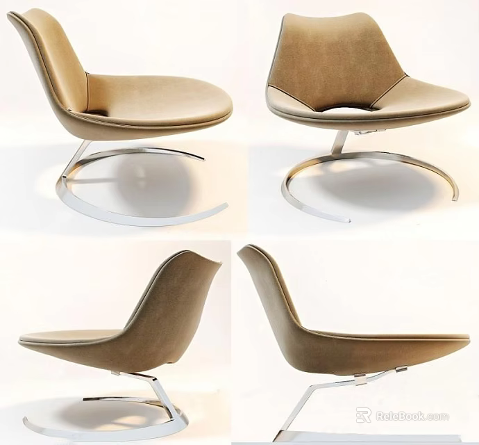 Tan Upholstered Modern Leisure Chair With Curved Back And Metal Base Shown In Multiple Angles 3d model 