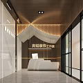 Modern Stylish Office Reception Space With Curved Counter And Warm Wood Decor Soft Ambient Lighting