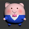 Cute Chubby Pink Pig Cartoon Character Dressed In Blue Suit With Pink Bow Tie
