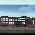 Modern Red Brick School Building With Large Windows Symmetrical Design And Front Plaza