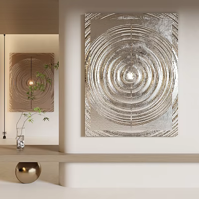 Circular Texture Decorative Art On Wall With Green Plants And Light Wooden Countertop 3d model