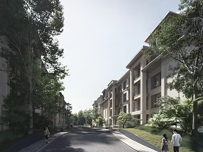 Modern Townhouse Exterior With Lush Green Landscaping And Tree-Lined Residential Street 3d model