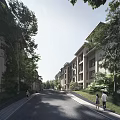 Modern Townhouse Exterior With Lush Green Landscaping And Tree-Lined Residential Street