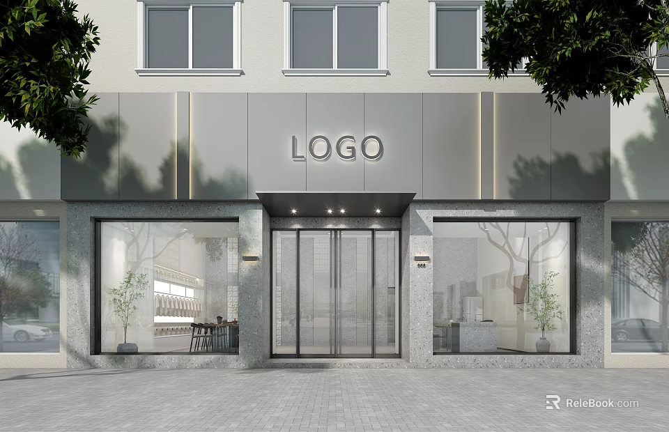 Modern Fashion Store Front With Glass Display Windows And Entrance Design 3d model 