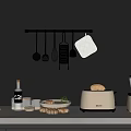 Modern Gray Kitchen Countertop With Toaster Food Processor And Hanging Utensil Rack