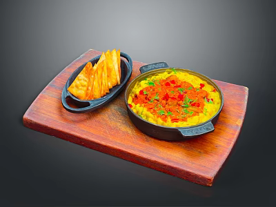 Yellow Rice Dish With Red Seasoning And Potato Strips On Wooden Tray Black Pots 3d model