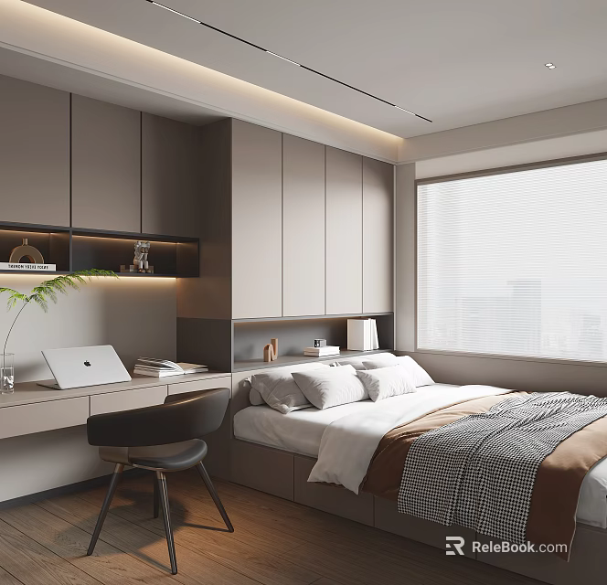 Tatami Bedroom Modern Interior Design With Desk Laptop Green Plant Cabinet And Blinds 3d model 