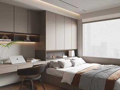 Tatami Bedroom Modern Interior Design With Desk Laptop Green Plant Cabinet And Blinds 3d model