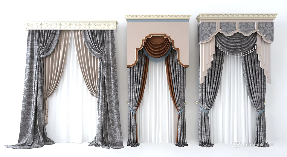 Elegant Classic Curtain Designs With Velvet Fabric Ornate Valances And Patterned Drapes 3d model 