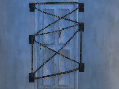 Interior View Of Blue Door Secured With Crossed Chains And Black Metal Brackets 3d model