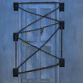 Interior View Of Blue Door Secured With Crossed Chains And Black Metal Brackets