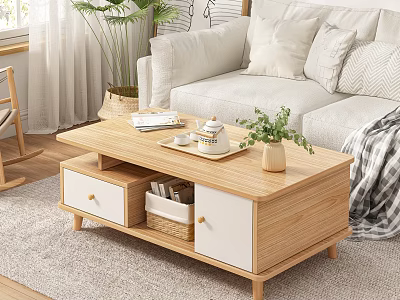 Minimalist Wooden Coffee Table With Storage Drawers Tray Plant And Books In Cozy Living Room 3d model