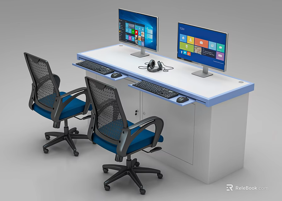 Office Desk Setup With Two Monitors Keyboards Mice And Mesh Backrest Wheeled Office Chairs 3d model 