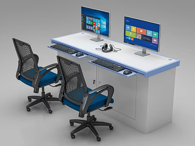 Office Desk Setup With Two Monitors Keyboards Mice And Mesh Backrest Wheeled Office Chairs 3d model