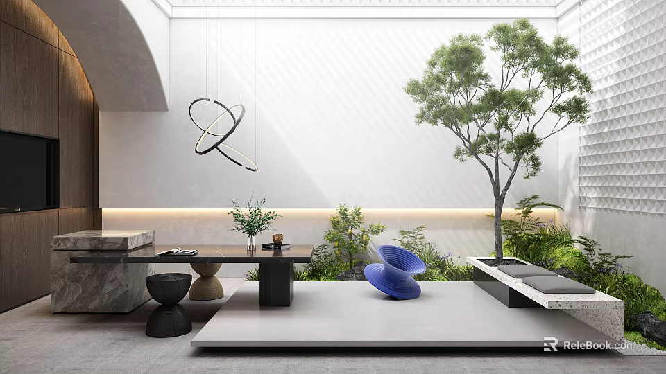 Modern Courtyard Garden Design With Outdoor Furniture Large Tree And Green Plants 3d model 
