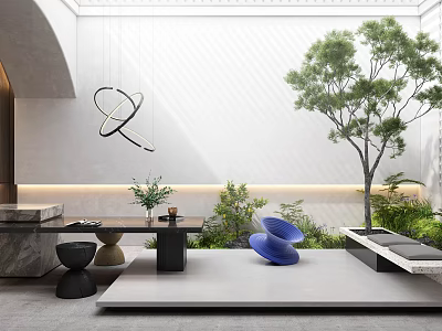 Modern Courtyard Garden Design With Outdoor Furniture Large Tree And Green Plants 3d model
