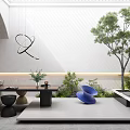 Modern Courtyard Garden Design With Outdoor Furniture Large Tree And Green Plants