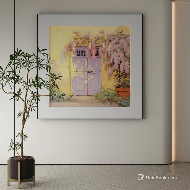 Abstract Painting with Purple Door Pink Wisteria Flowers and Small Window on Yellow Background Wall 3d model 