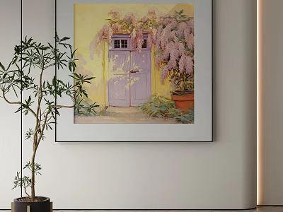 Abstract Painting with Purple Door Pink Wisteria Flowers and Small Window on Yellow Background Wall 3d model