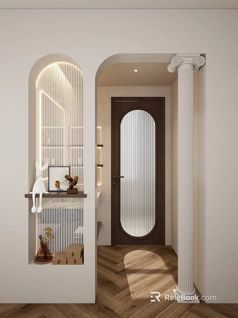 Elegant Modern Bathroom Interior With Arched Frosted Glass Door Wooden Frame Lighting Strips And Decorative Shelf 3d model 