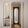 Elegant Modern Bathroom Interior With Arched Frosted Glass Door Wooden Frame Lighting Strips And Decorative Shelf