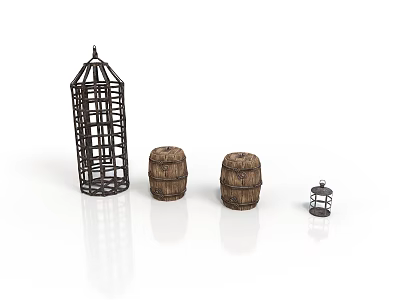 Vintage Household Supplies With Metal Birdcage Wooden Barrels And Small Decorative Lantern 3d model