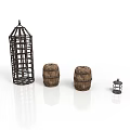 Vintage Household Supplies With Metal Birdcage Wooden Barrels And Small Decorative Lantern