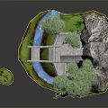 Enchanting Floating Island Landscape with Mountain Lush Trees Traditional Building Flowing Stream and Small Island