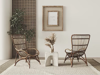 Modern Rattan Leisure Chairs In Living Room With Decorative Table Dried Plants And Woven Screen 3d model