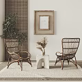 Modern Rattan Leisure Chairs In Living Room With Decorative Table Dried Plants And Woven Screen