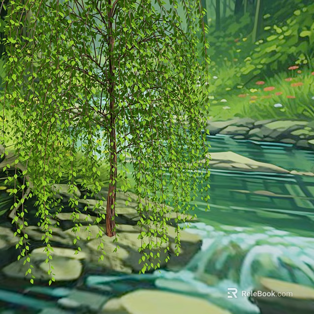 Graceful Willow Tree With Hanging Branches By Stream And Green Grass 3d model 