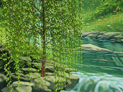 Graceful Willow Tree With Hanging Branches By Stream And Green Grass 3d model