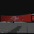 Large Event Stage Setup With Red Background Screen And Blue Seats Arrangement 3d model