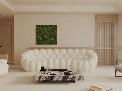 Modern Living Room Interior With White Sofa Marble Coffee Table And Green Plant Painting 3d model