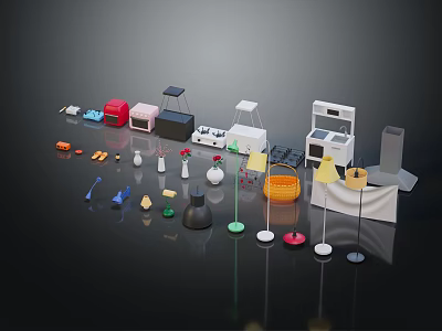 Colorful Various Household Items Including Storage Containers Decorative Pieces And Lighting Fixtures 3d model