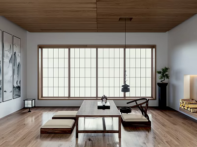 Traditional Tea Room With Wooden Ceiling Shoji Windows Tea Table And Floor Cushions 3d model