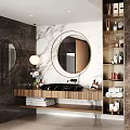 Modern Bathroom Interior With White Bathtub Wooden Ceiling And Marble Walls
