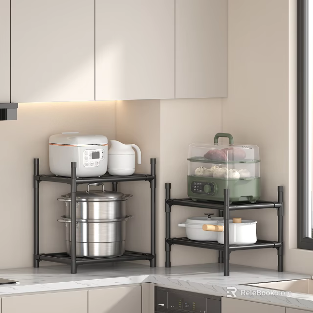 Modern Kitchen Appliances Including Rice Cooker And Electric Steamer On Black Shelves With White Cabinets 3d model 