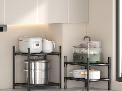 Modern Kitchen Appliances Including Rice Cooker And Electric Steamer On Black Shelves With White Cabinets 3d model