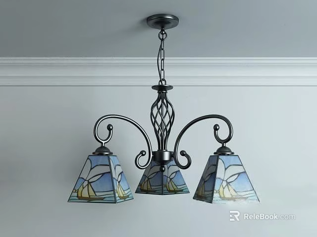 Elegant Black Metal Chandelier With Three Stained Glass Shades And Decorative Design 3d model 