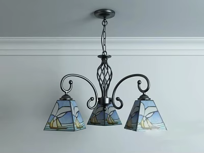 Elegant Black Metal Chandelier With Three Stained Glass Shades And Decorative Design 3d model