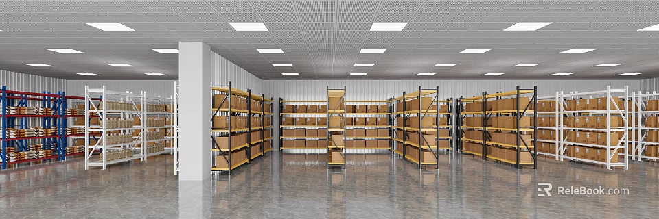 Organized Warehouse Storage Space With Metal Shelves Cardboard Boxes And Ceiling Lights 3d model 