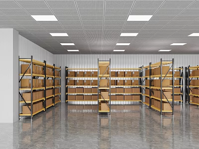 Organized Warehouse Storage Space With Metal Shelves Cardboard Boxes And Ceiling Lights 3d model