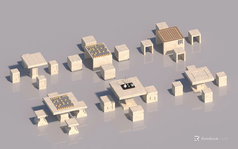 Modern Stone Table and Chair Sets with Geometric Design and Neutral Tone 3d model