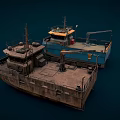 Blue And Old Vessels 3D Model With Deck Equipment And Structures