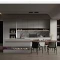 Modern Kitchen Interior With Marble Island Countertop White Cabinets And Dining Table Chairs